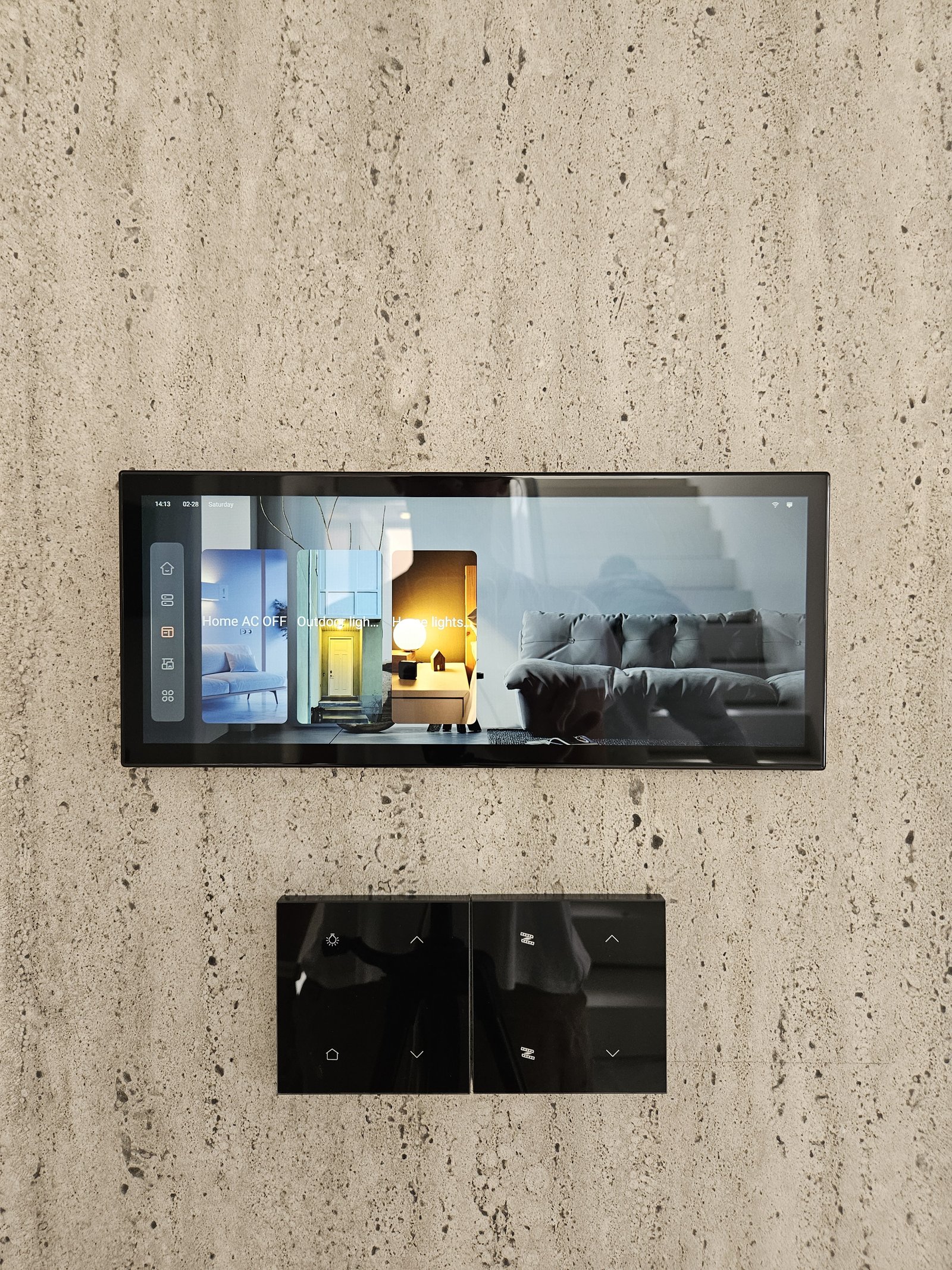 Wall-flush control panel and dimmer pad on travertine